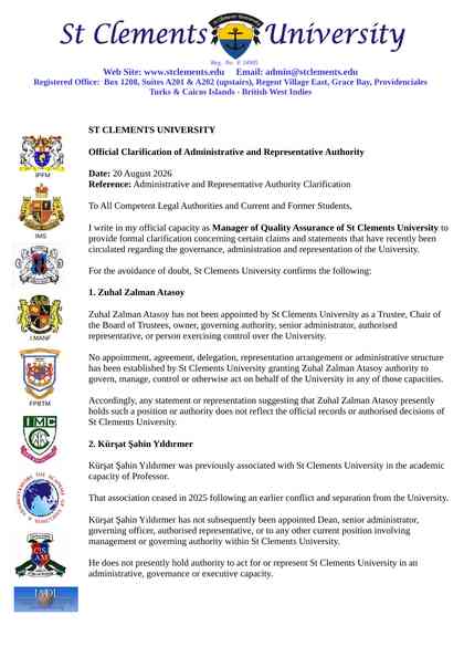 St Clements University René Le Cornu resmî antetli açıklama birinci sayfa Zuhal Zalman Atasoy Kürşat Şahin Yıldırmer